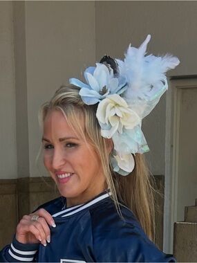 White & Powder Blue Feather Floral Fascinator Kentucky Derby Hat